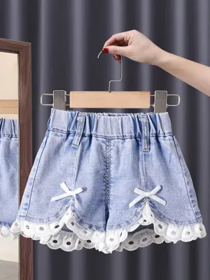 Make It Cuter Lace Hem Denim Shorts