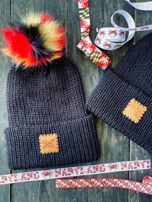 Maryland beanie flag pom fitted cozy handsome cute unisex black knit hat acrylic cap