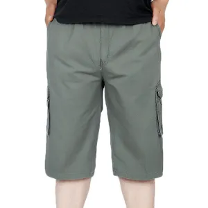 Mens Multi-pocket Solid Color  Elastic Waist Loose Fit Calf-length Casual Cotton Cargo Shorts