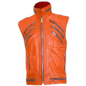 Men's Punk Fashion Orange Zipper Leather Vest