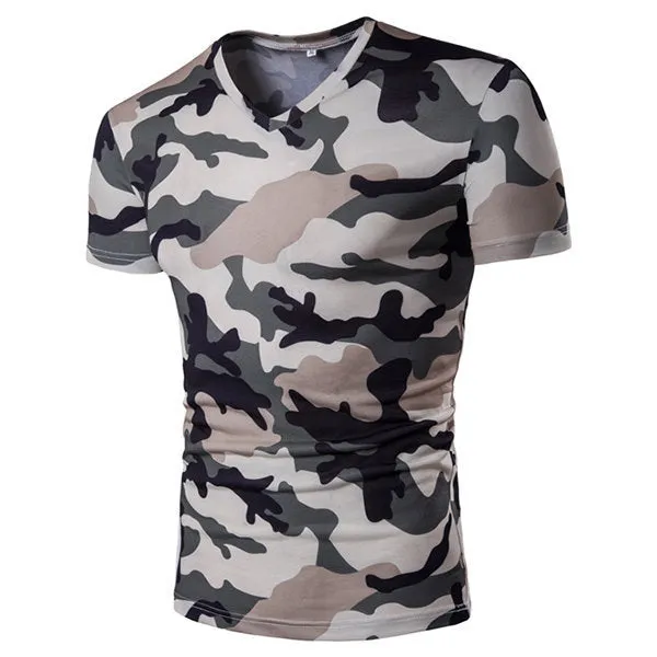 Mens Summer Camo Printed V-neck Short Sleeve Casual T-shirts