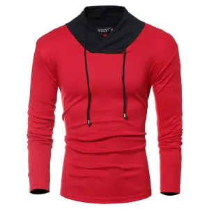 Mens Summer Patchwork Casual Stand Collar Long Sleeve Slim Fit T-Shirt