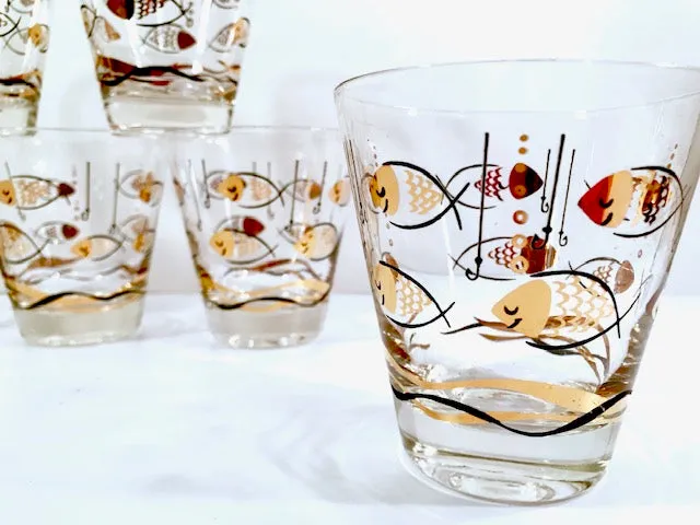 Mid-Century Here Fishy Fishy Double Old Fashion Glasses (Set of 6)