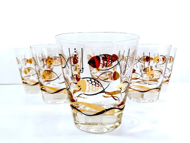 Mid-Century Here Fishy Fishy Double Old Fashion Glasses (Set of 6)