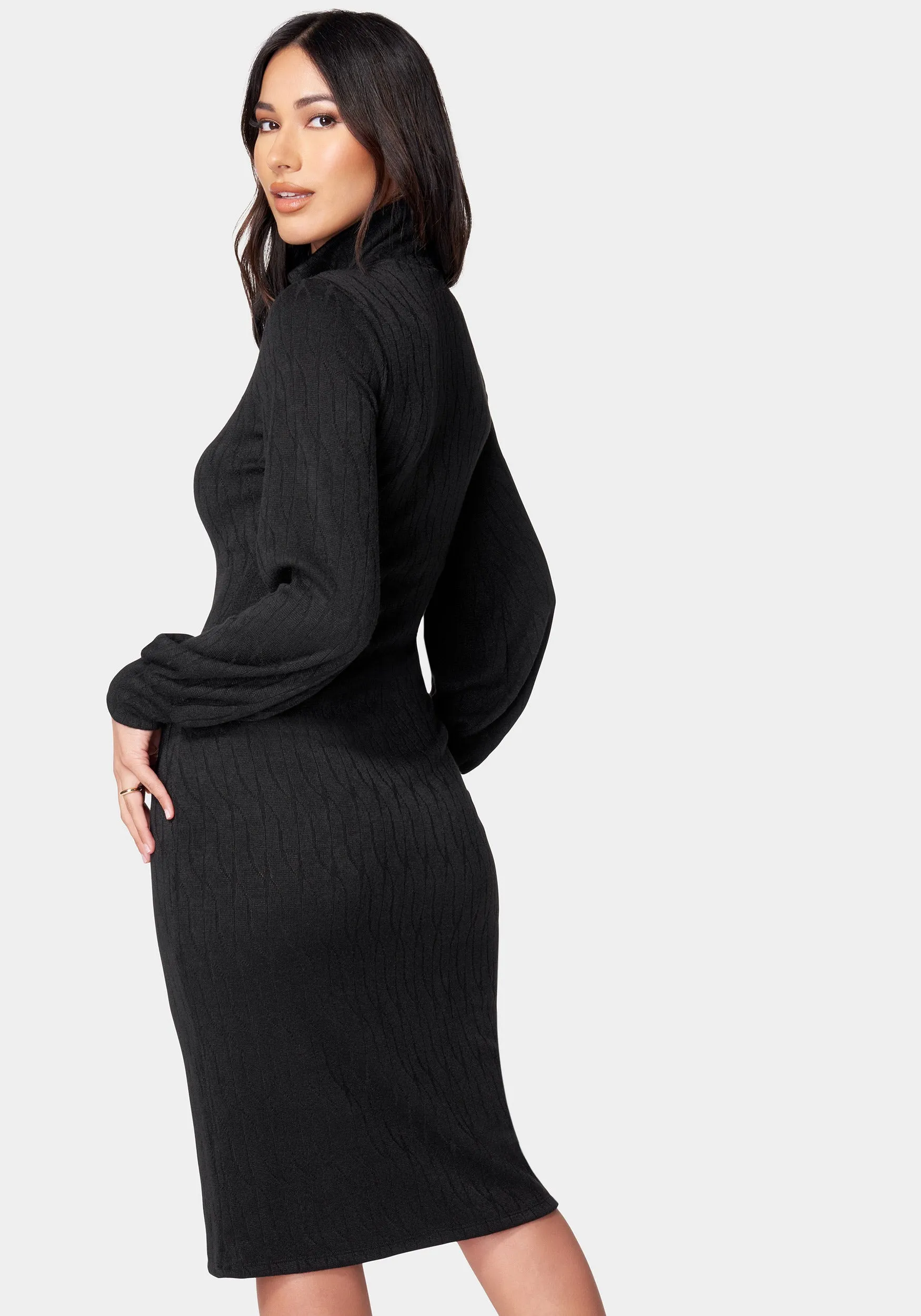 Midi Turtleneck Gather Sleeve Sweater Dress