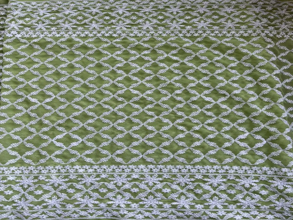 Mint Green & White Checks Lakhnawi Georgette Fabric (Wholesale)