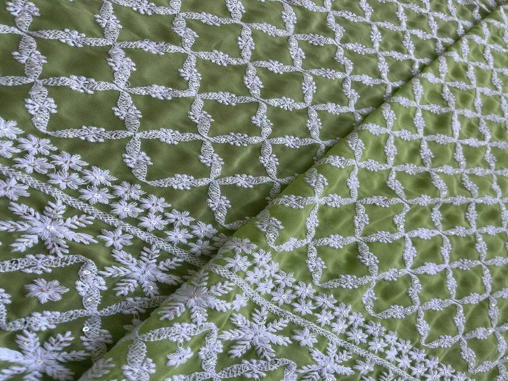 Mint Green & White Checks Lakhnawi Georgette Fabric (Wholesale)