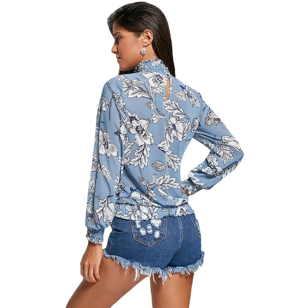 Mock Neck Floral Chiffon Long Sleeve Top 7476