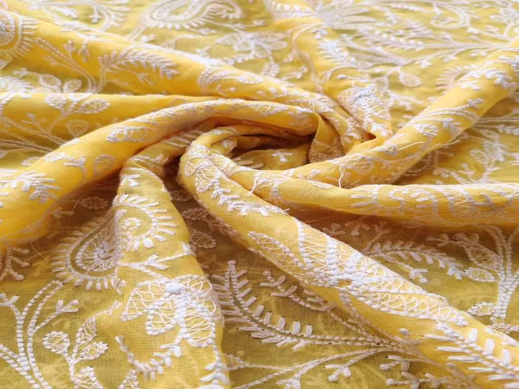 Mustard & White Paisley Lakhnawi Embroidered Pure Georgette Fabric (Wholesale)