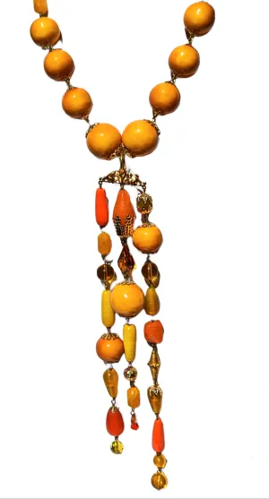 Mustard Cotton Pearls Long Tassle Necklace Gay Isber one of a kind USA