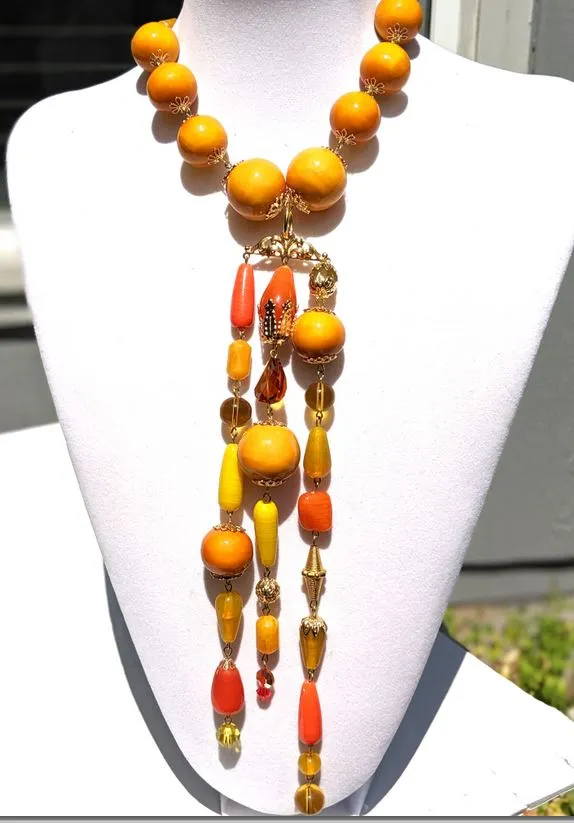 Mustard Cotton Pearls Long Tassle Necklace Gay Isber one of a kind USA