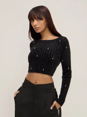 Nuon Black Faux-Fur Pearl Embellished Sweater