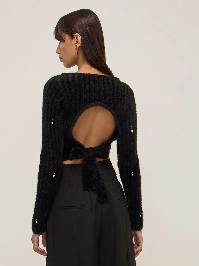 Nuon Black Faux-Fur Pearl Embellished Sweater