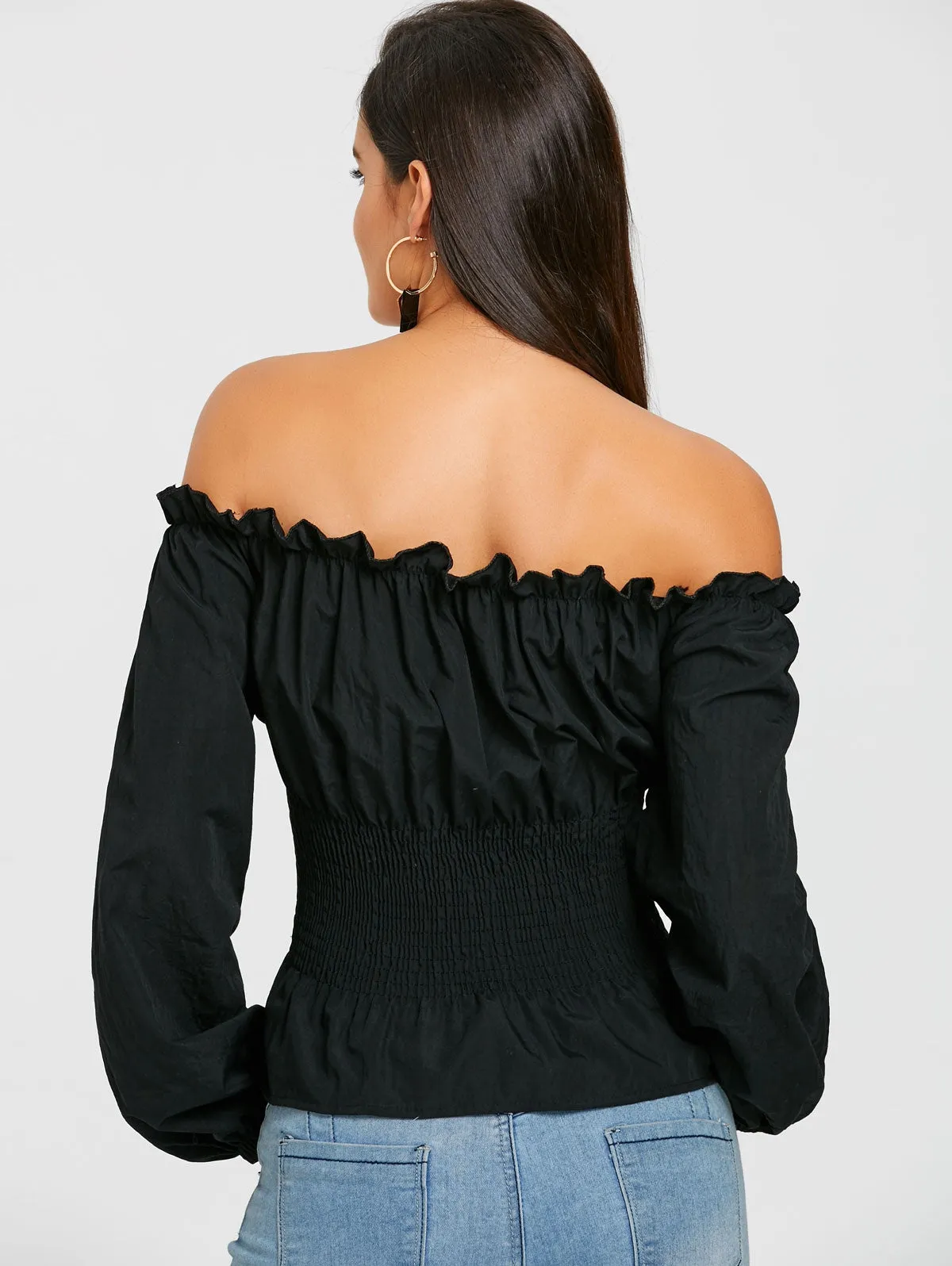 Off The Shoulder Lace Up Smocked Blouse 1869