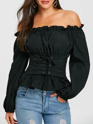 Off The Shoulder Lace Up Smocked Blouse 1869