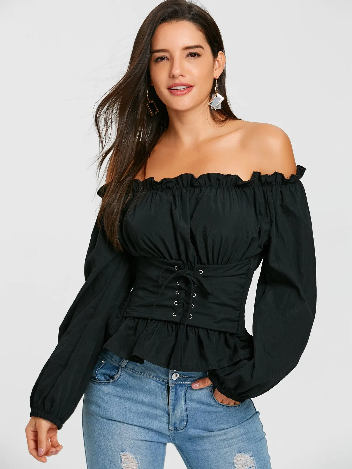 Off The Shoulder Lace Up Smocked Blouse 1869