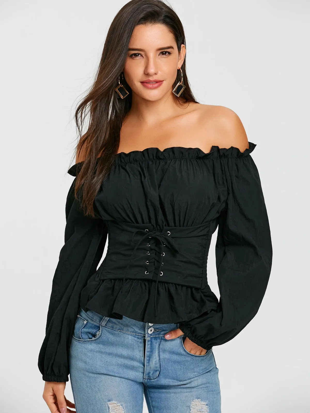 Off The Shoulder Lace Up Smocked Blouse 1869