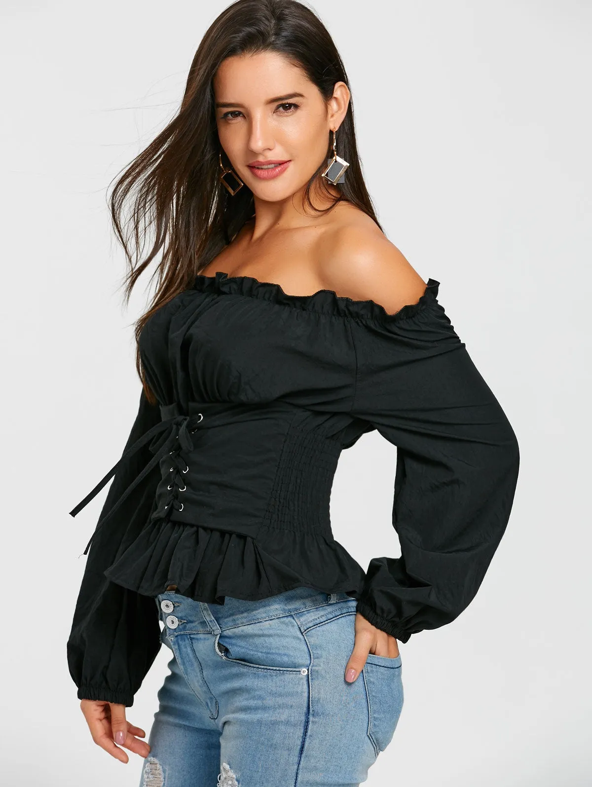 Off The Shoulder Lace Up Smocked Blouse 1869