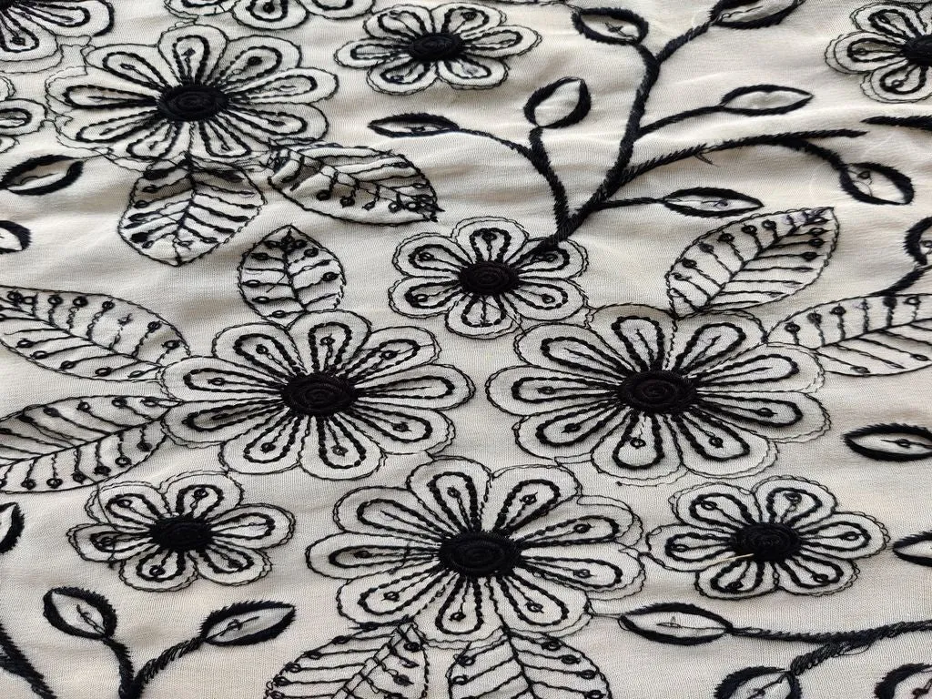 Off White & Black Floral Thread & Sequins Heavy Georgette Fabric (Wholesale)