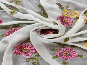 Off White Cross-Stitched Embroidered Flowers Pure Georgette Fabric