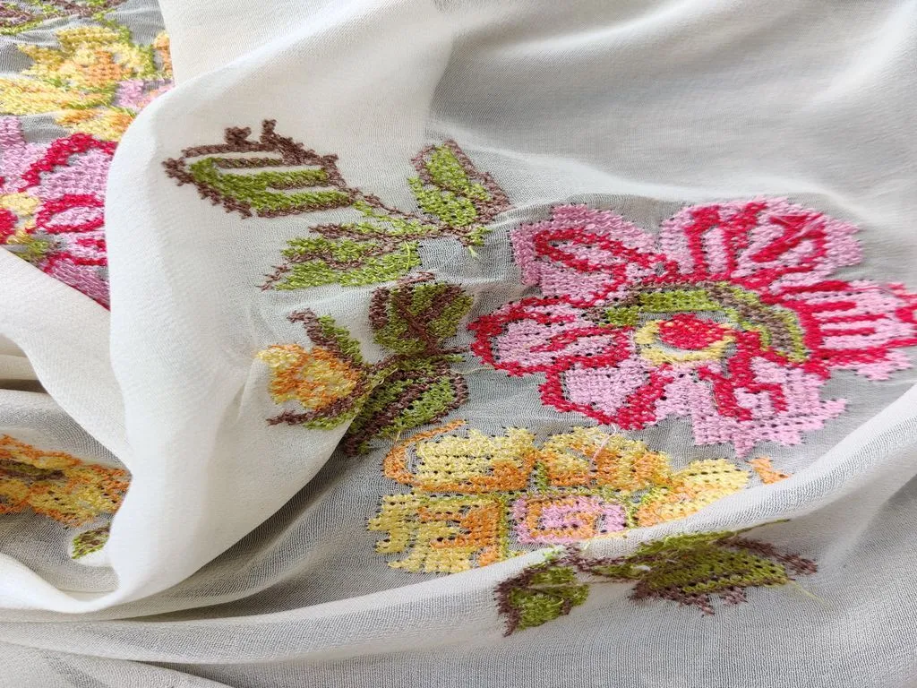 Off White Cross-Stitched Embroidered Flowers Pure Georgette Fabric