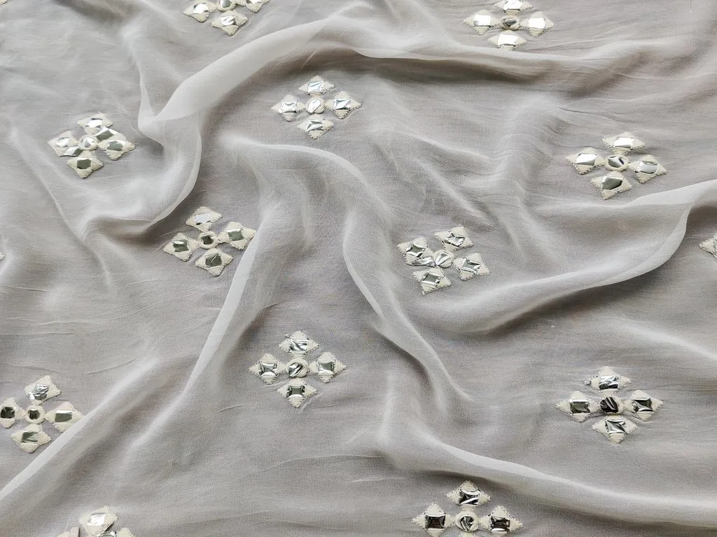 Off White Motifs Silver Mirror Work Embroidered Dyeable Pure Georgette Fabric (Wholesale)