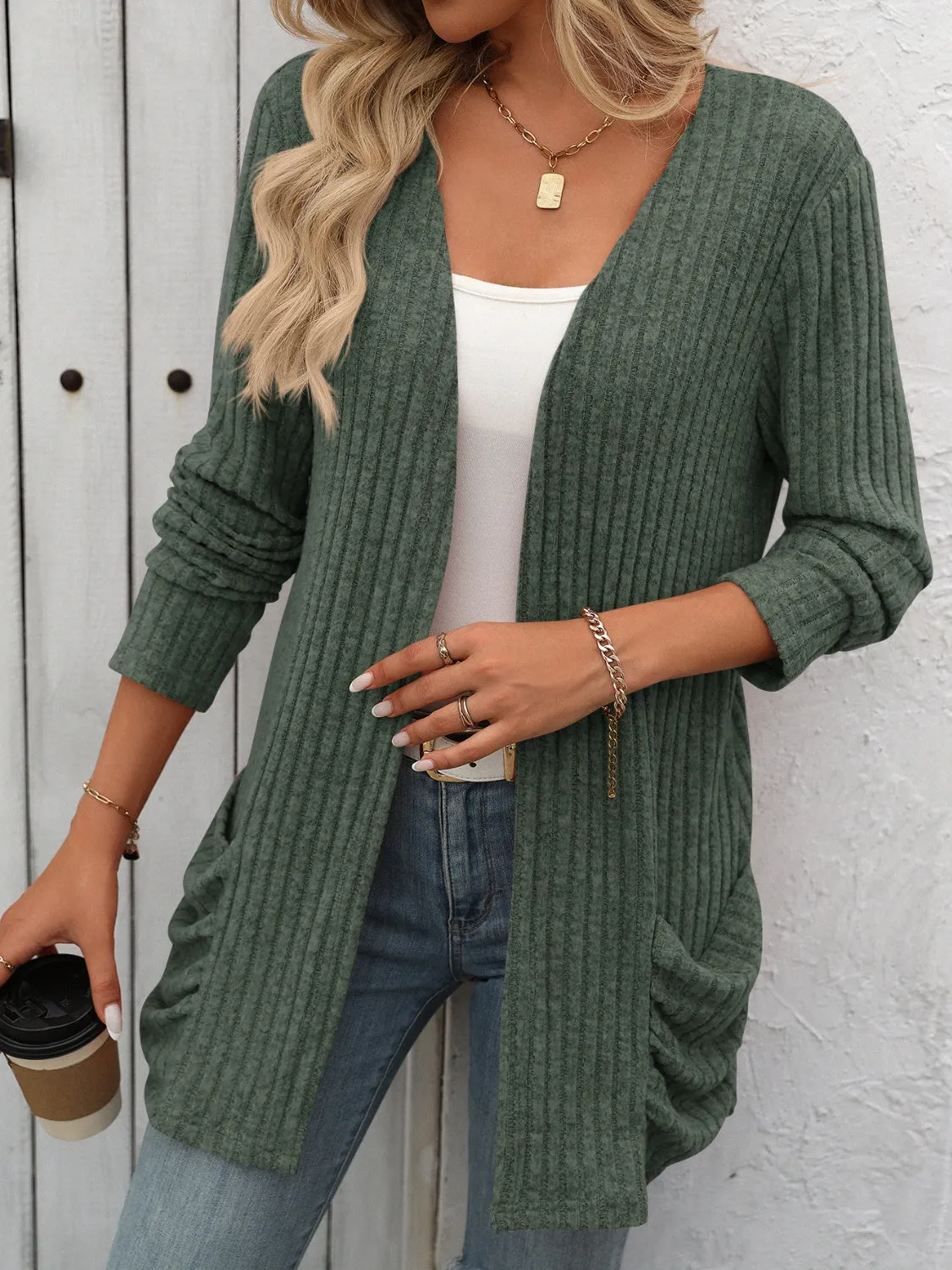 Open Front Long Sleeve Ribbed Cardigan with Pockets