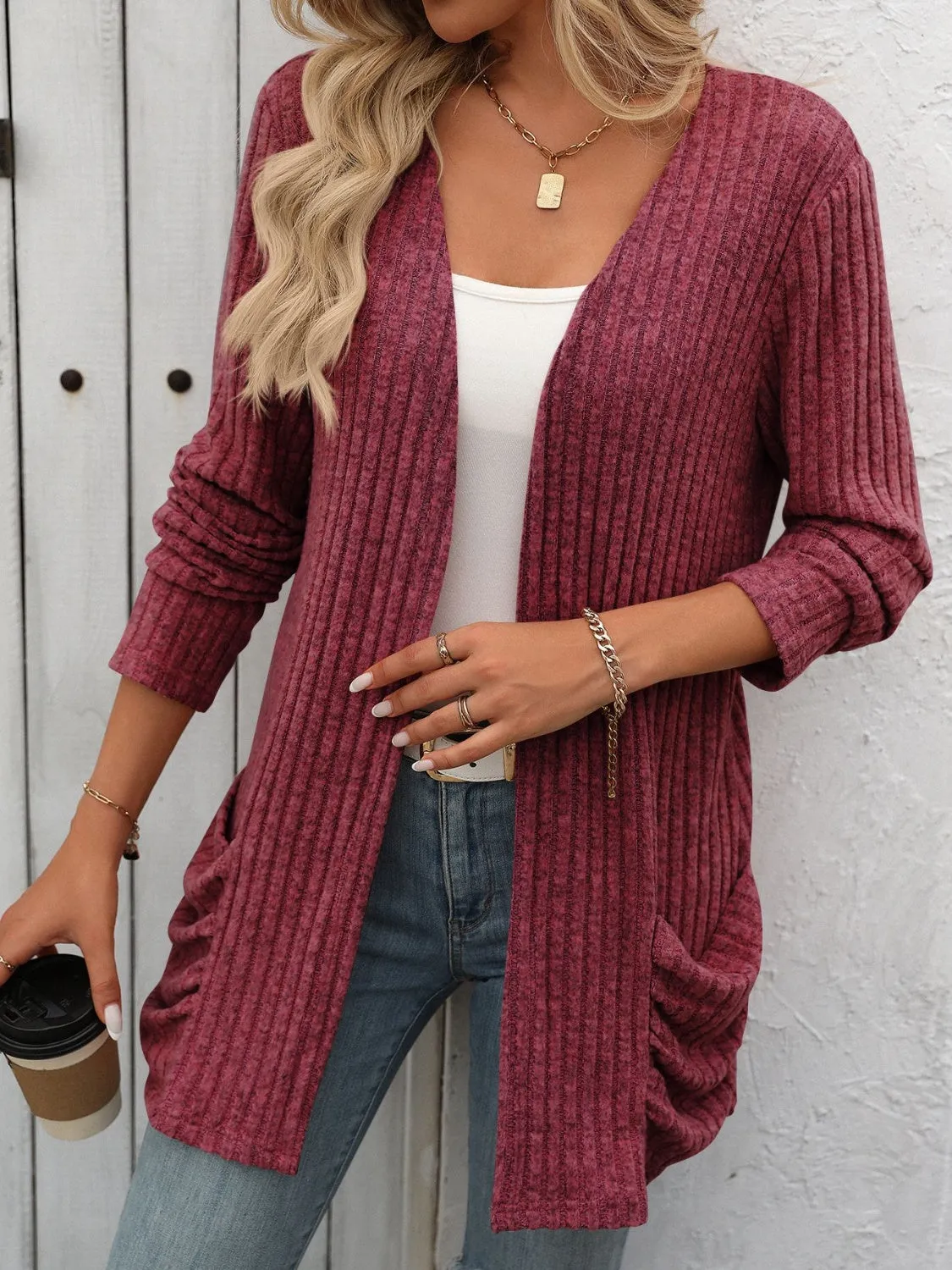 Open Front Long Sleeve Ribbed Cardigan with Pockets