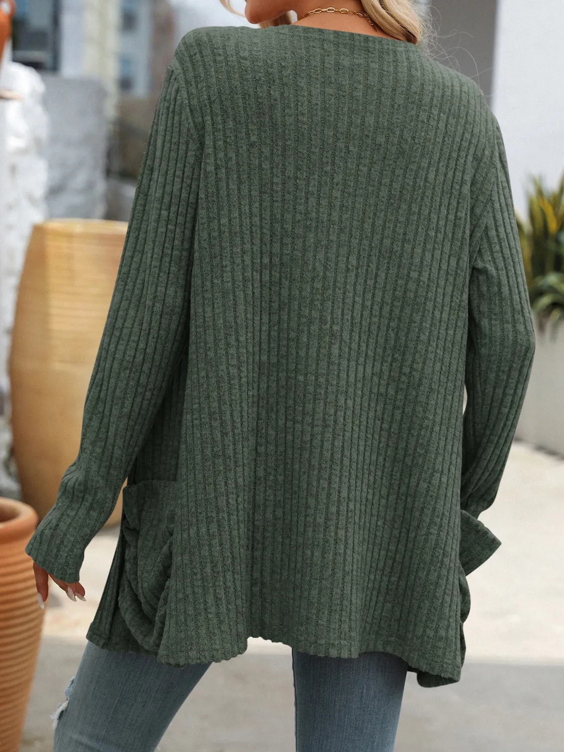 Open Front Long Sleeve Ribbed Cardigan with Pockets