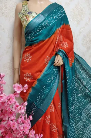 Orange And Blue Block Printed Cotton Linen Saree