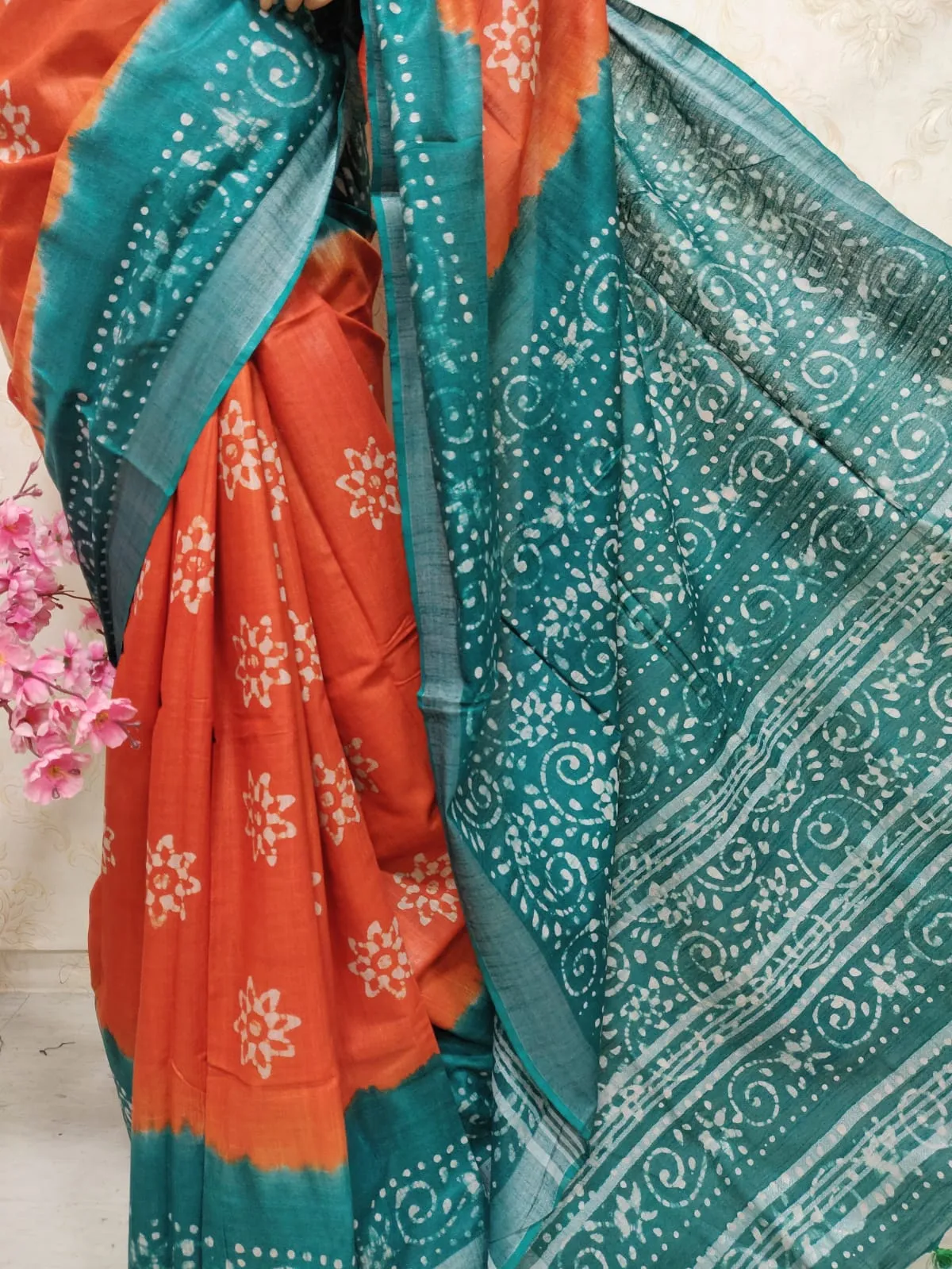 Orange And Blue Block Printed Cotton Linen Saree