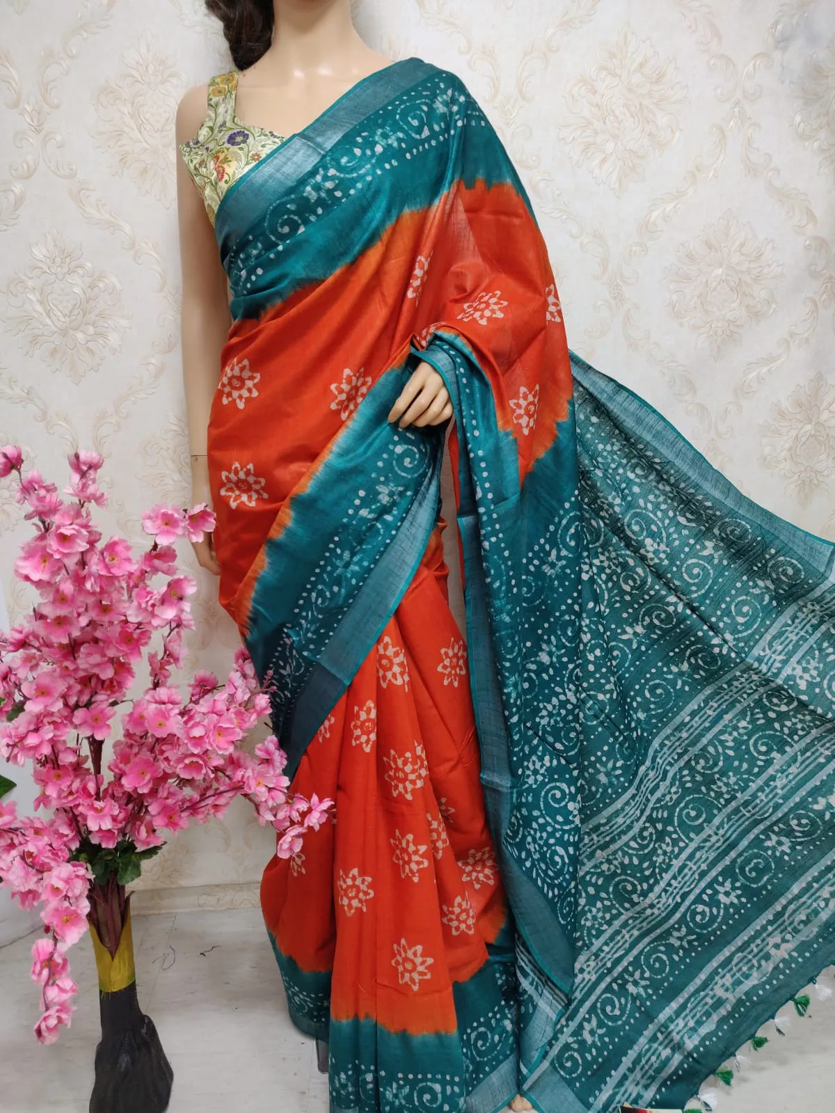 Orange And Blue Block Printed Cotton Linen Saree