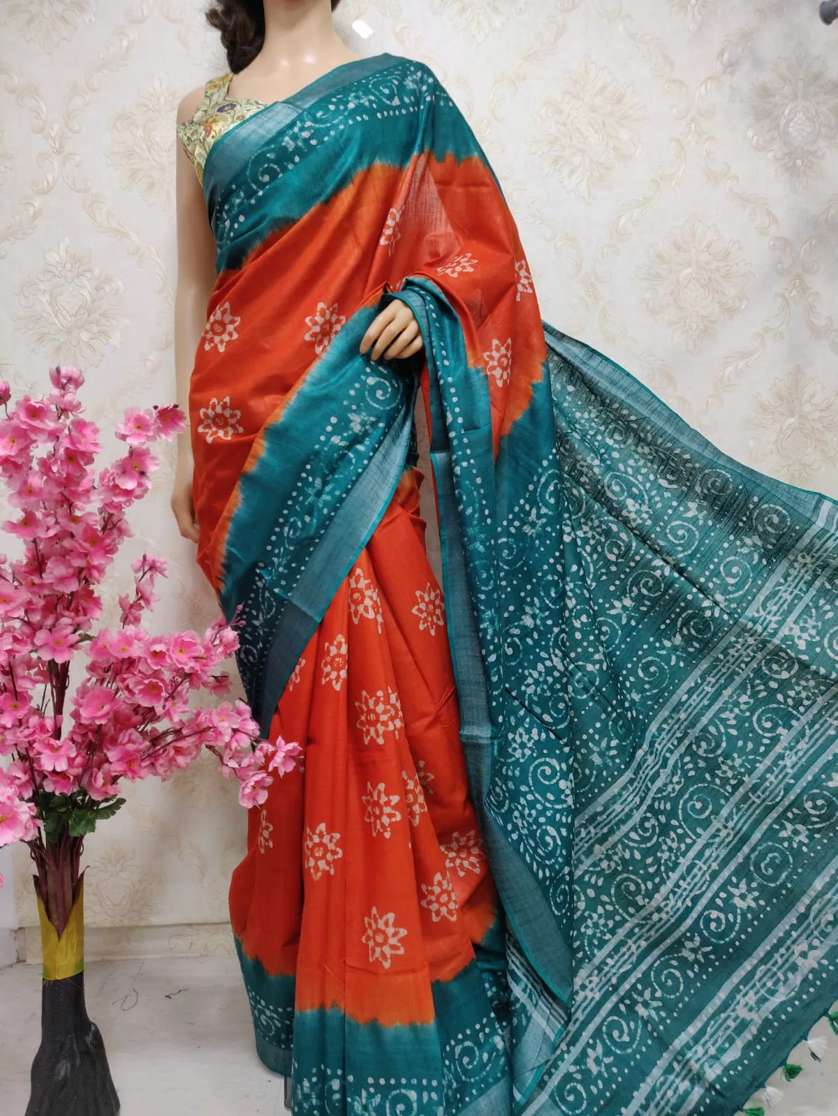 Orange And Blue Block Printed Cotton Linen Saree