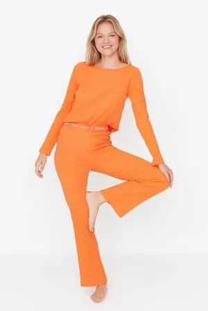 Orange Elastic Detailed Knitted Pajama Set