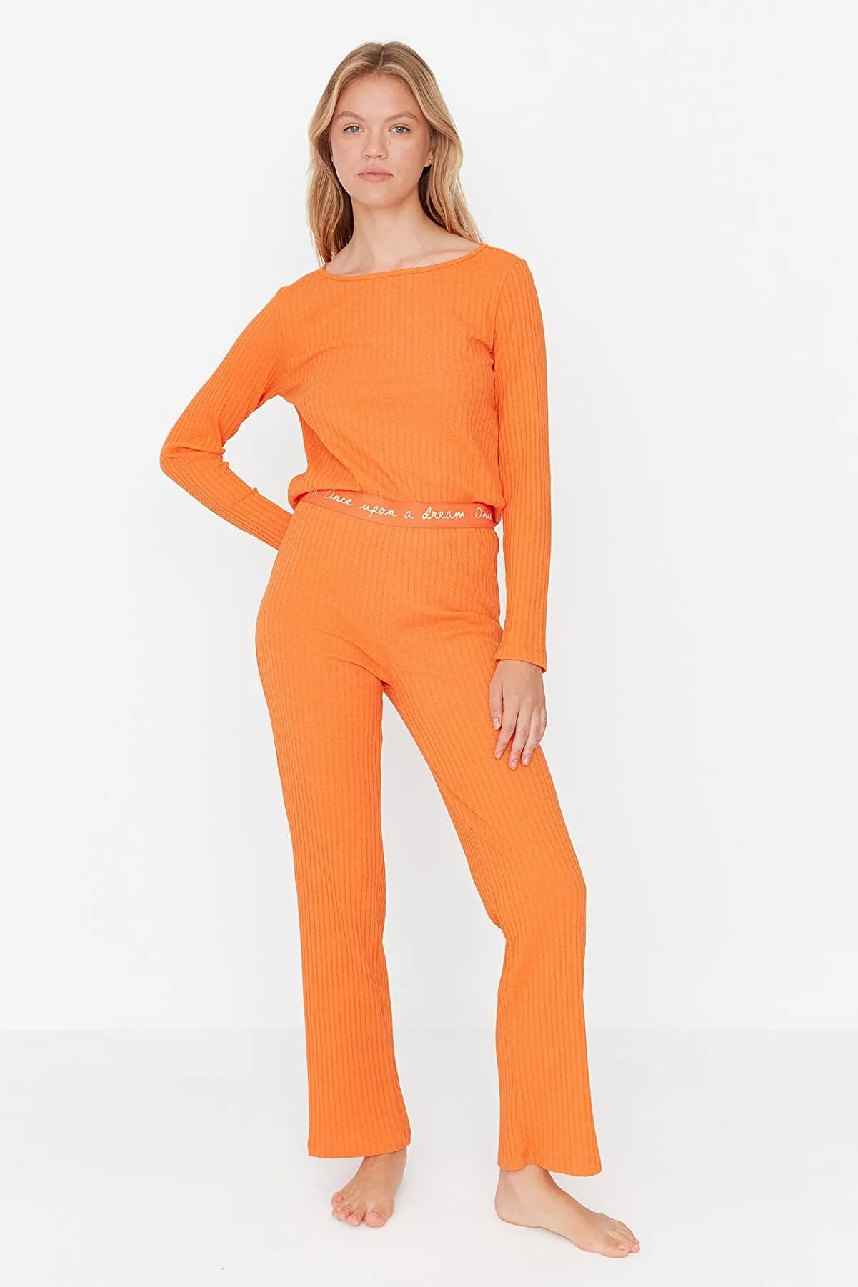 Orange Elastic Detailed Knitted Pajama Set