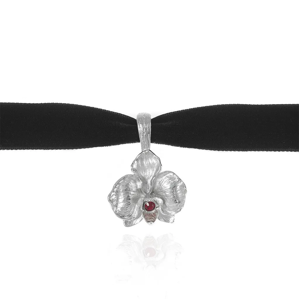 Orchid Velvet Choker With Silvertone Pendant and Ruby Crystal