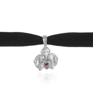 Orchid Velvet Choker With Silvertone Pendant and Ruby Crystal