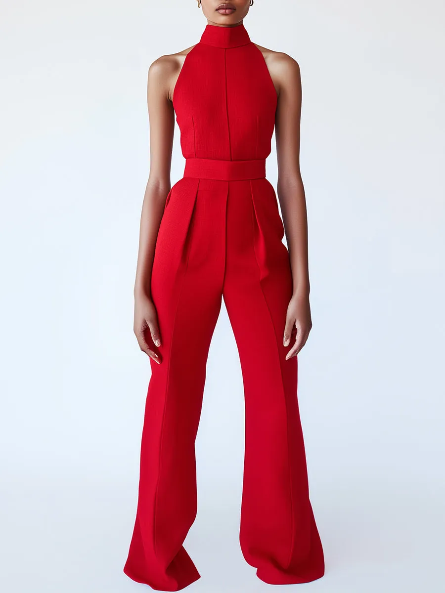 Passionate and Charming Red Linen Turtleneck Sleeveless Jumpsuit