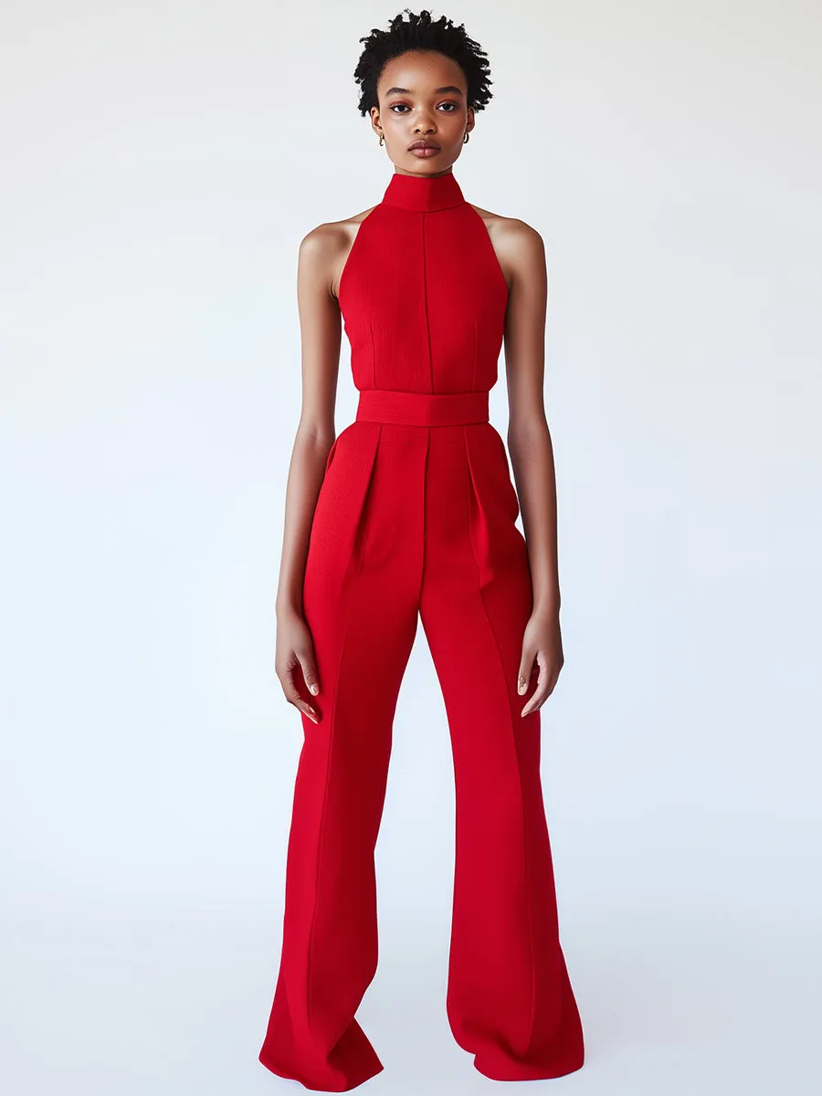 Passionate and Charming Red Linen Turtleneck Sleeveless Jumpsuit