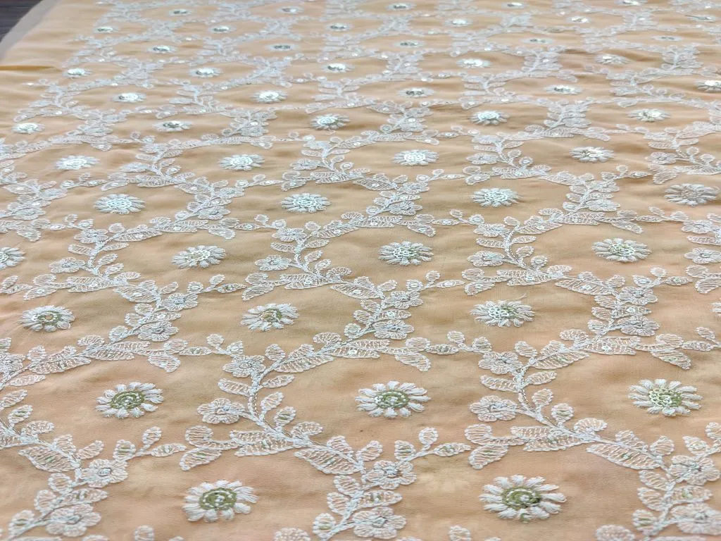 Peach White Sequins Flowers Chikankari Embroidered Georgette Fabric