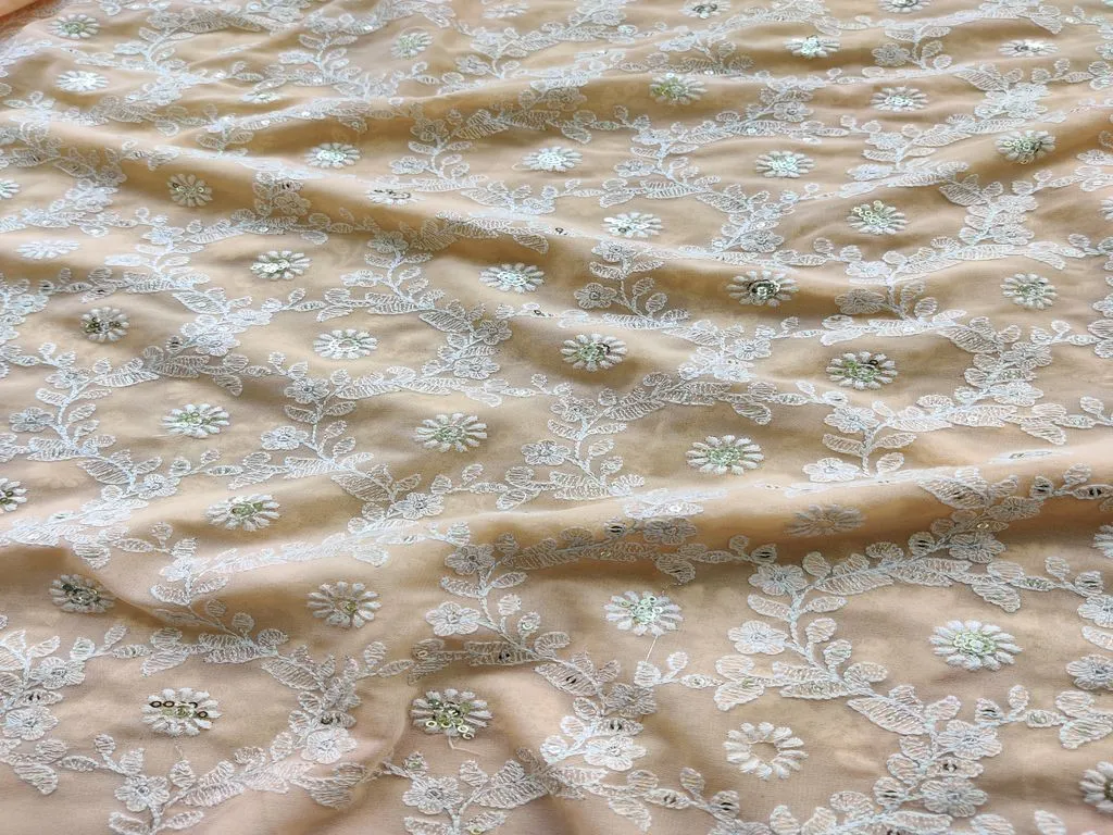 Peach White Sequins Flowers Chikankari Embroidered Georgette Fabric