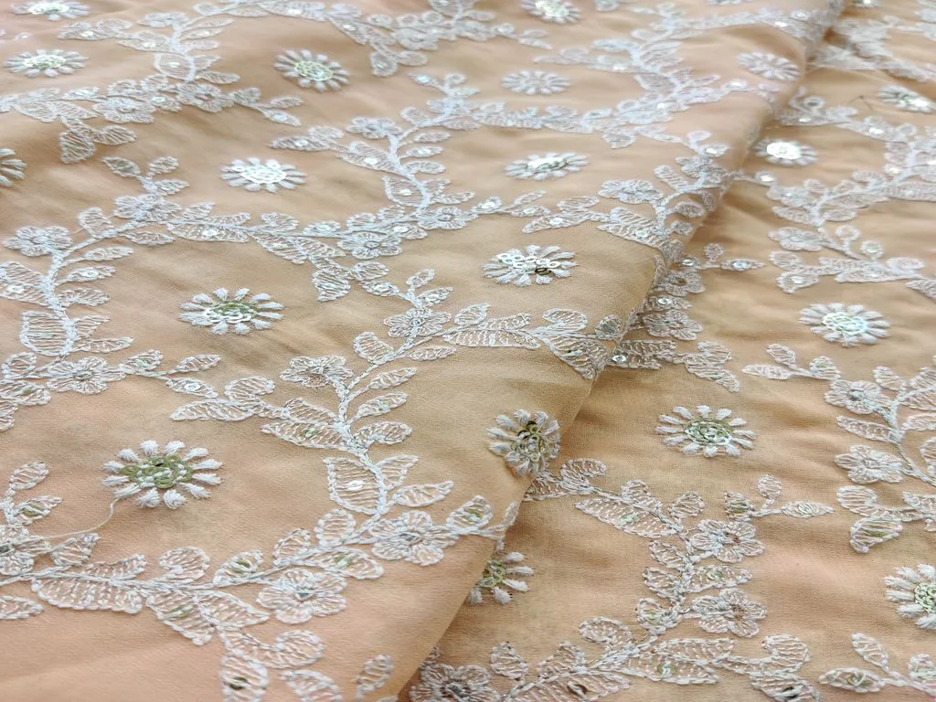 Peach White Sequins Flowers Chikankari Embroidered Georgette Fabric