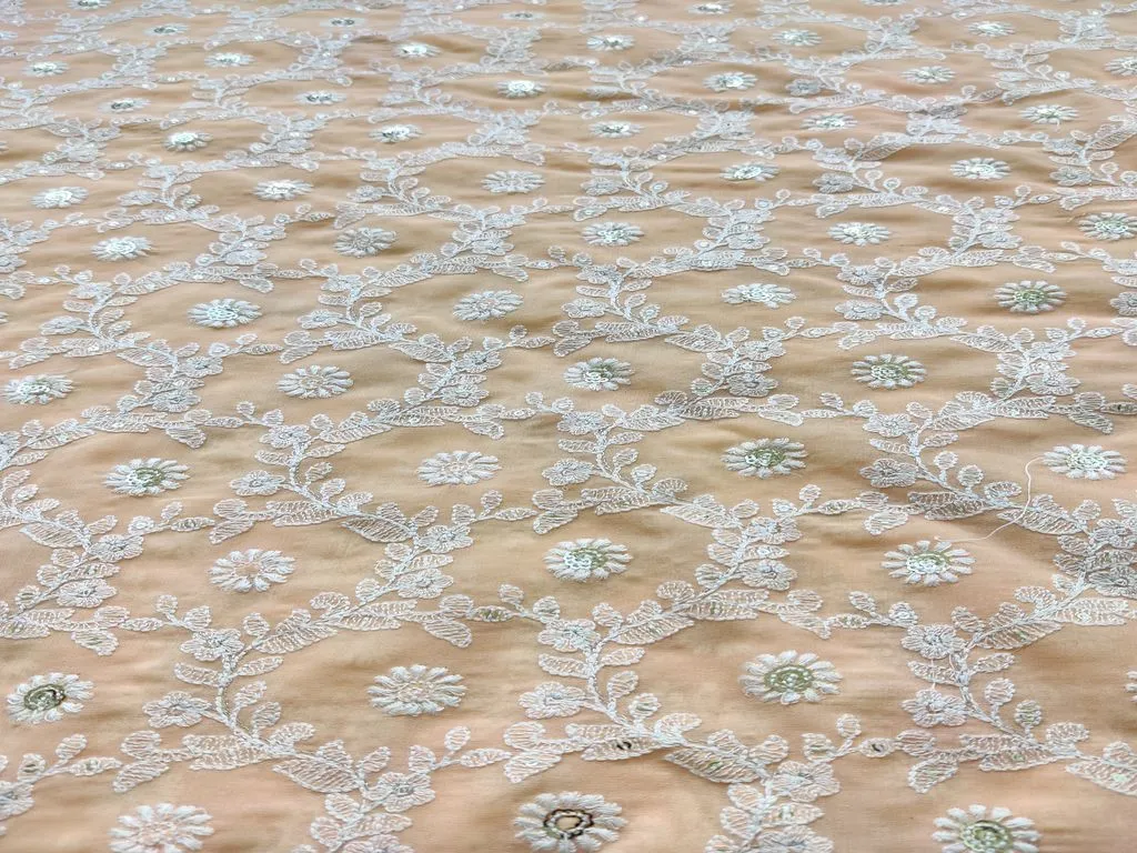 Peach White Sequins Flowers Chikankari Embroidered Georgette Fabric