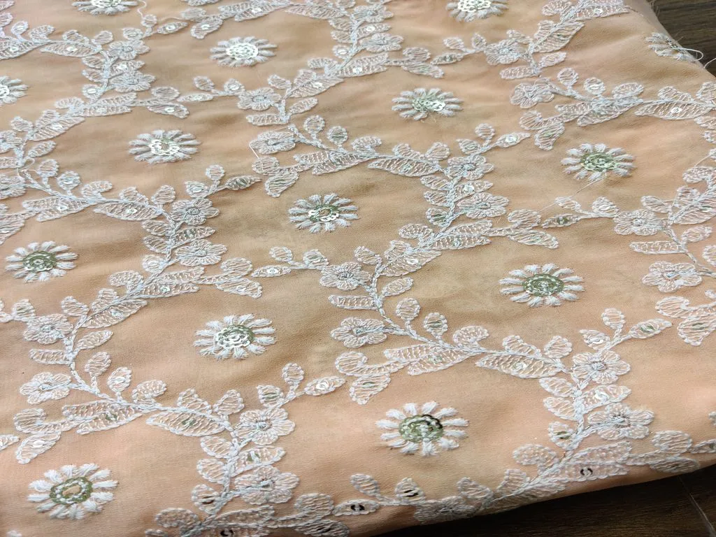 Peach White Sequins Flowers Chikankari Embroidered Georgette Fabric