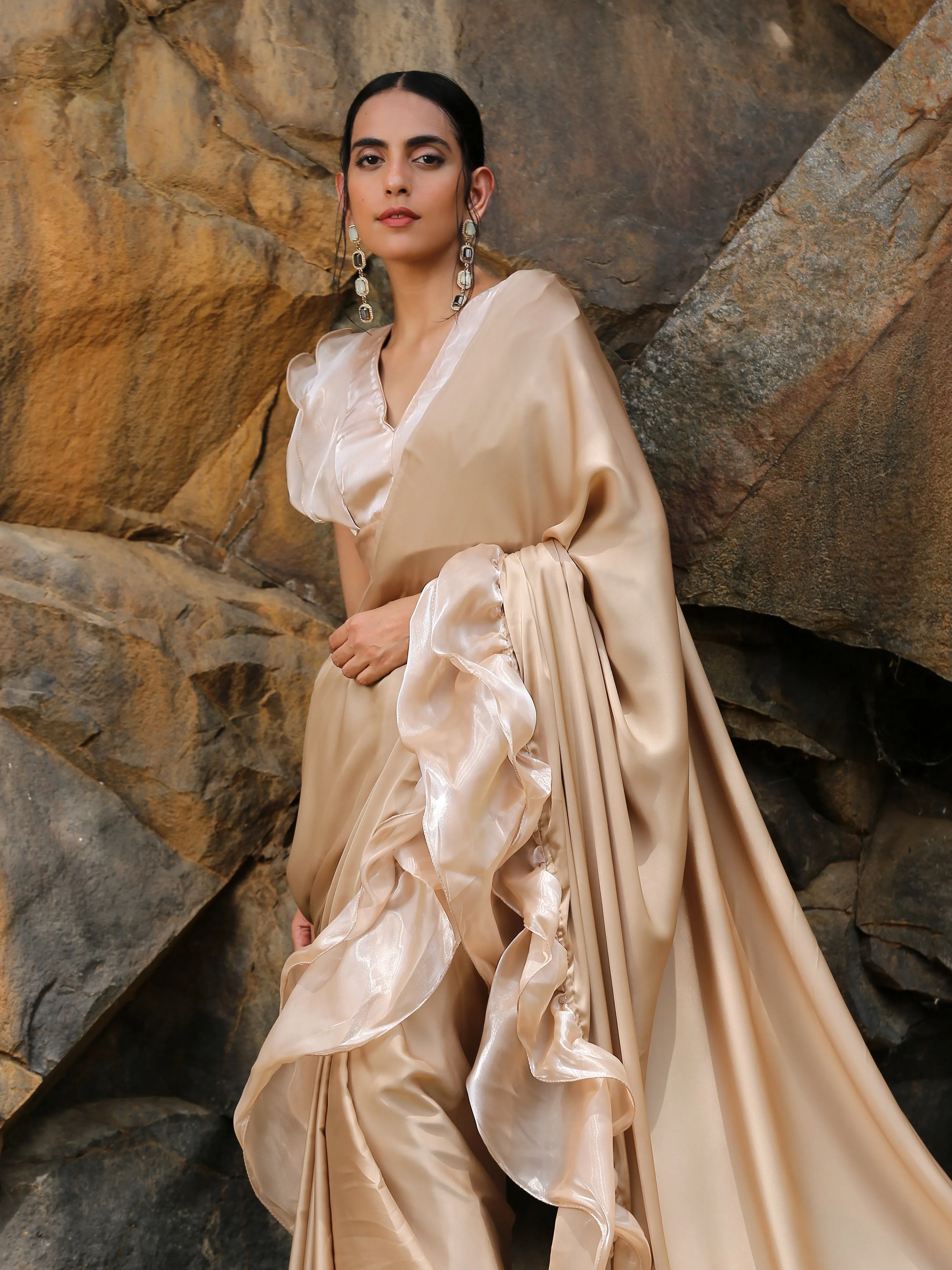 Peanut Butter Satin Ruffle Saree