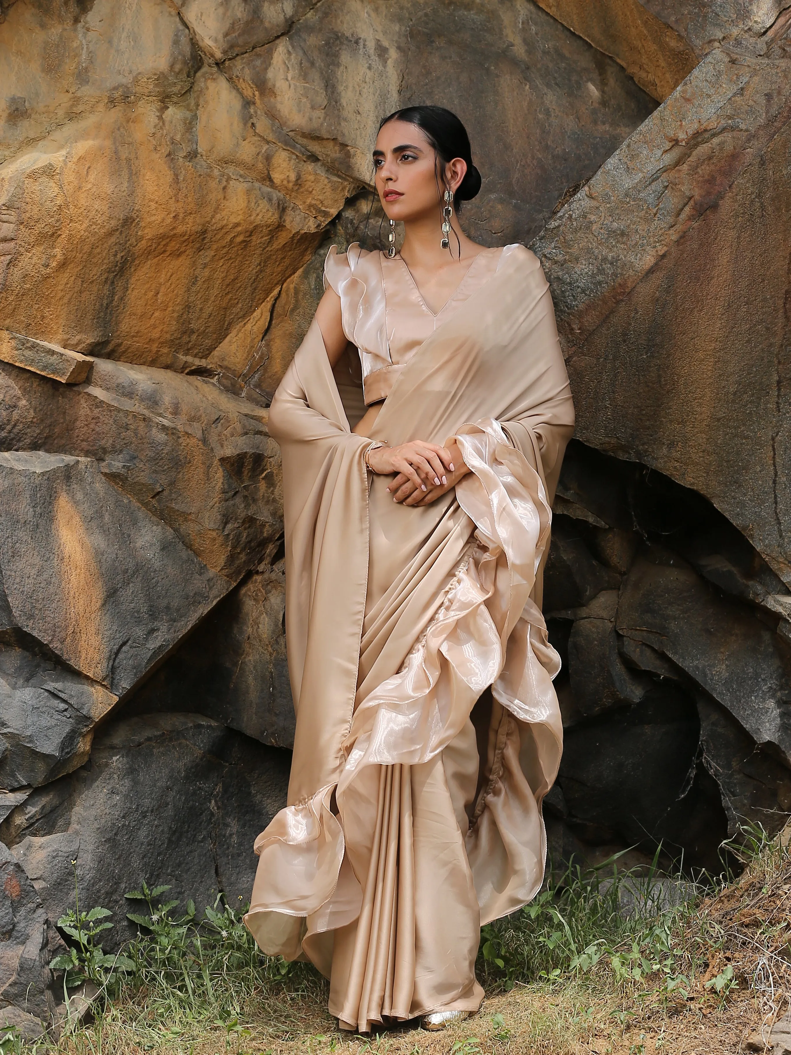 Peanut Butter Satin Ruffle Saree