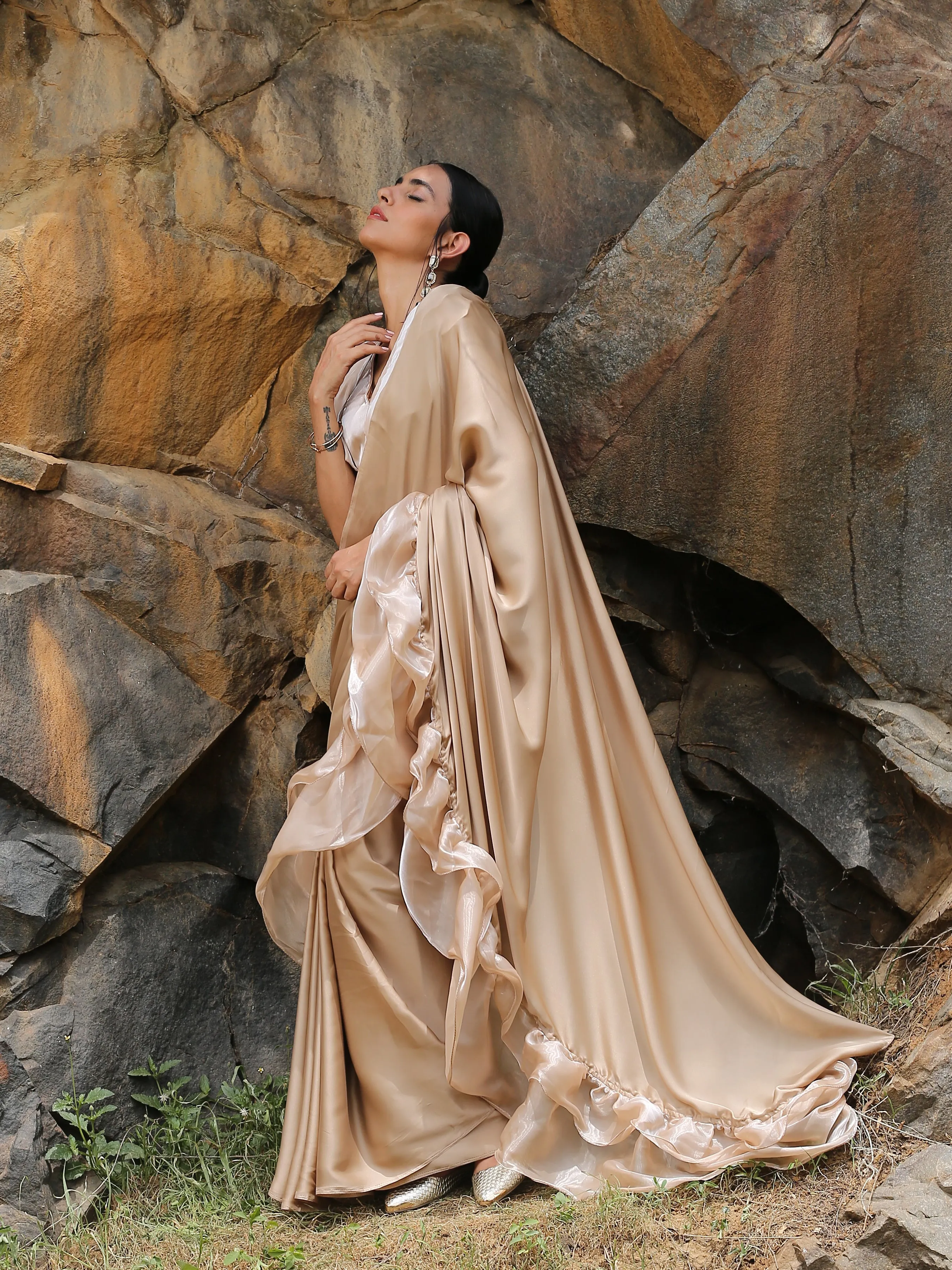 Peanut Butter Satin Ruffle Saree