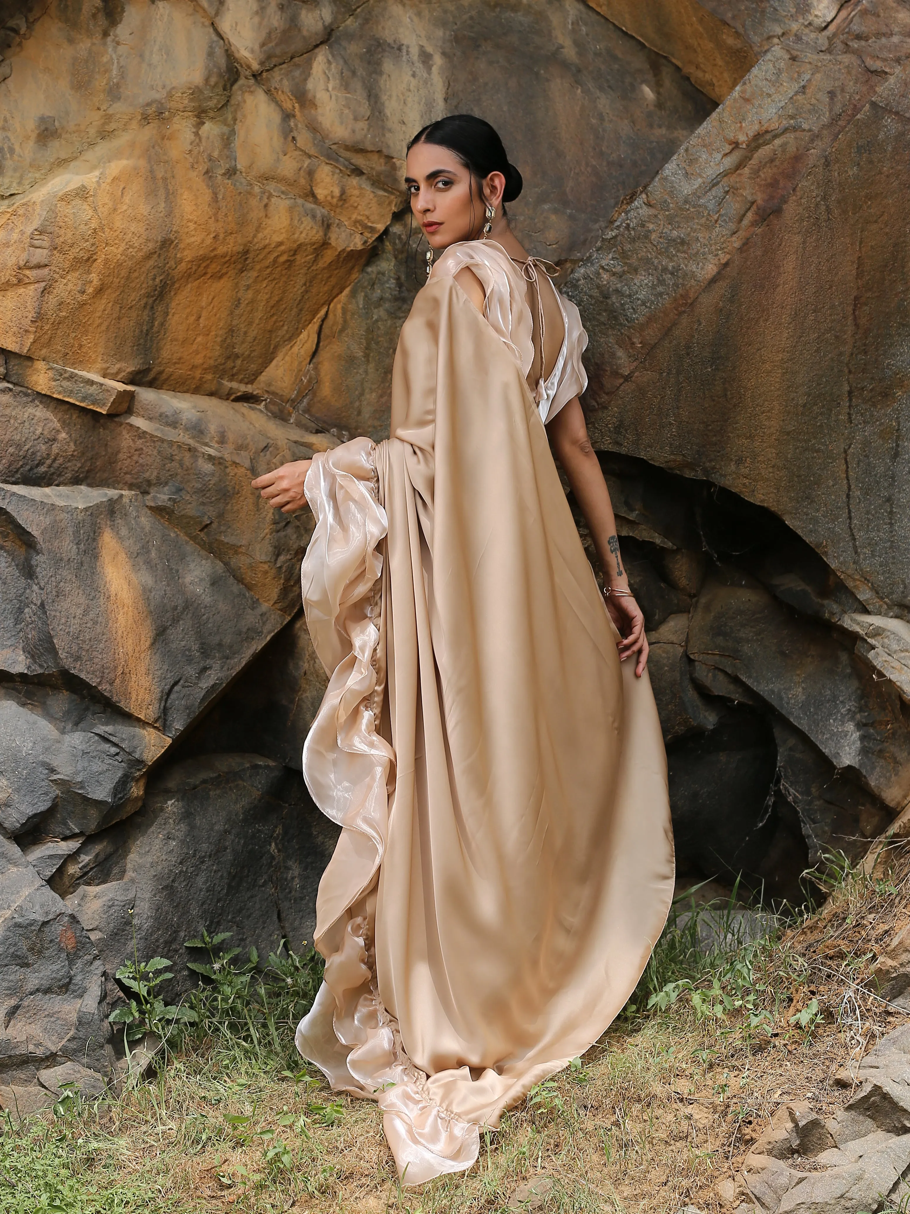 Peanut Butter Satin Ruffle Saree