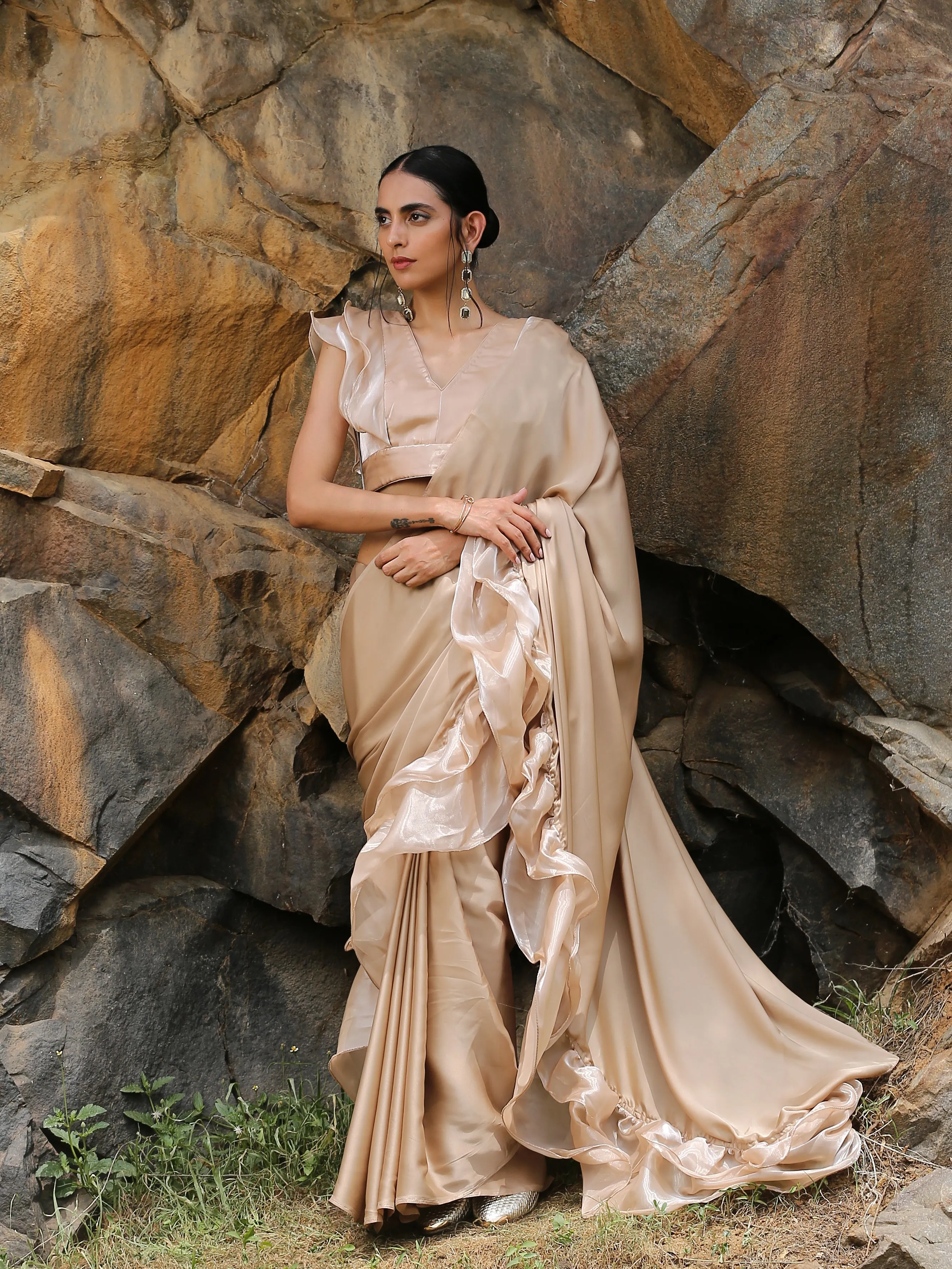 Peanut Butter Satin Ruffle Saree