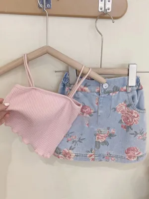 Pink Blossoms Floral Denim Skirt Set